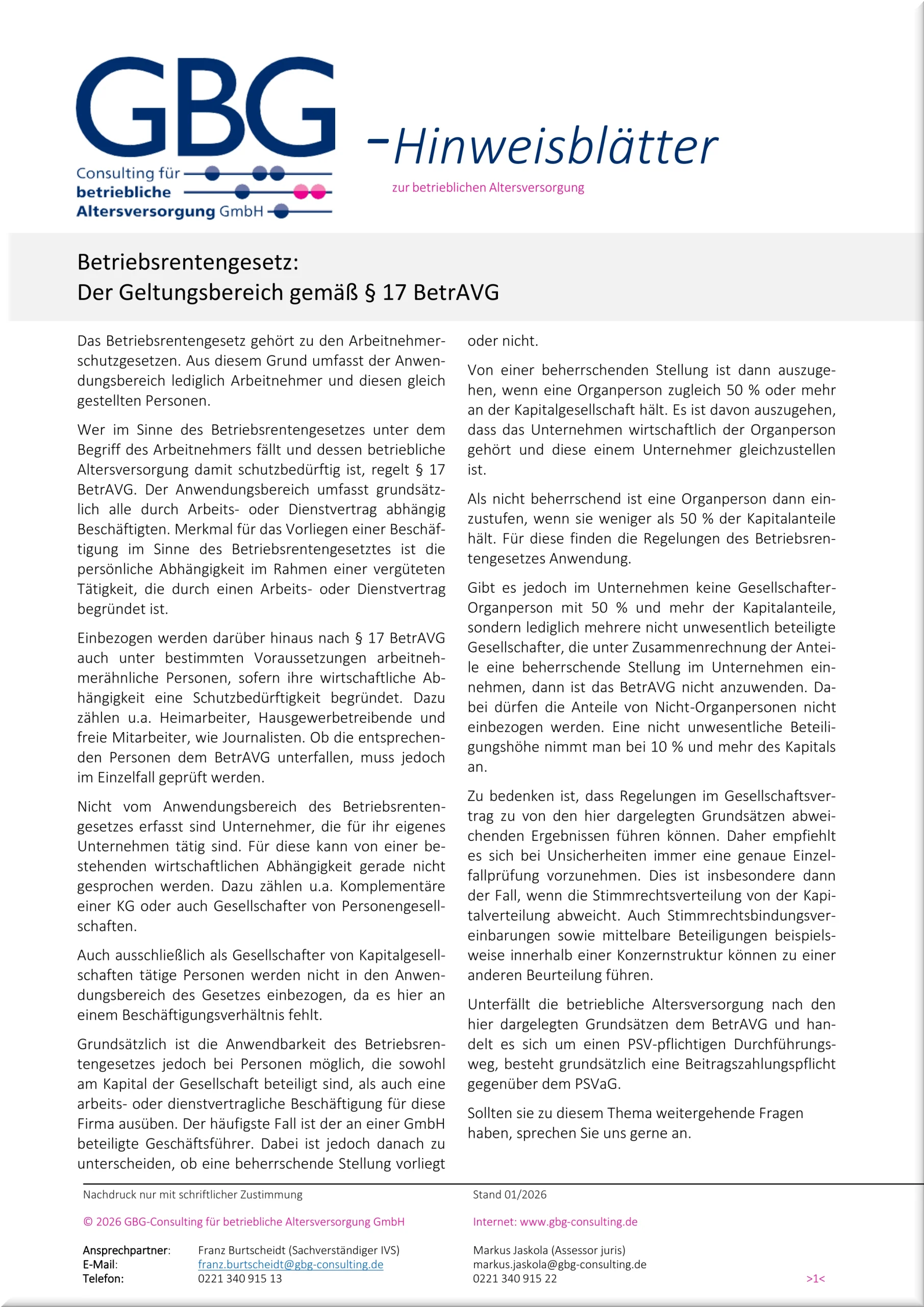 GBG Hinweisbl&auml;tter Geltungsbereich des BetrAVG &sect; 17 BetrAVG